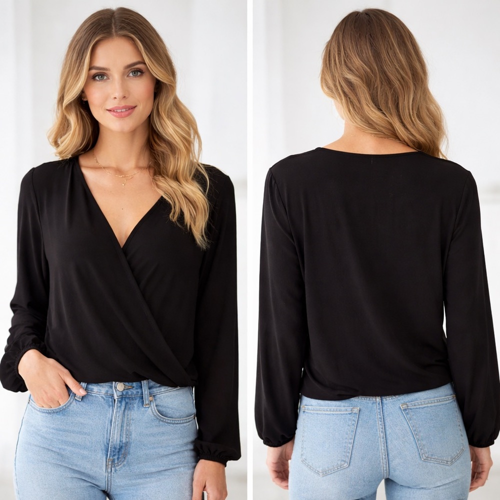 Forever 21 Black Wrap Blouse Medium Long Sleeve V-Neck Sheer Lightweight Top